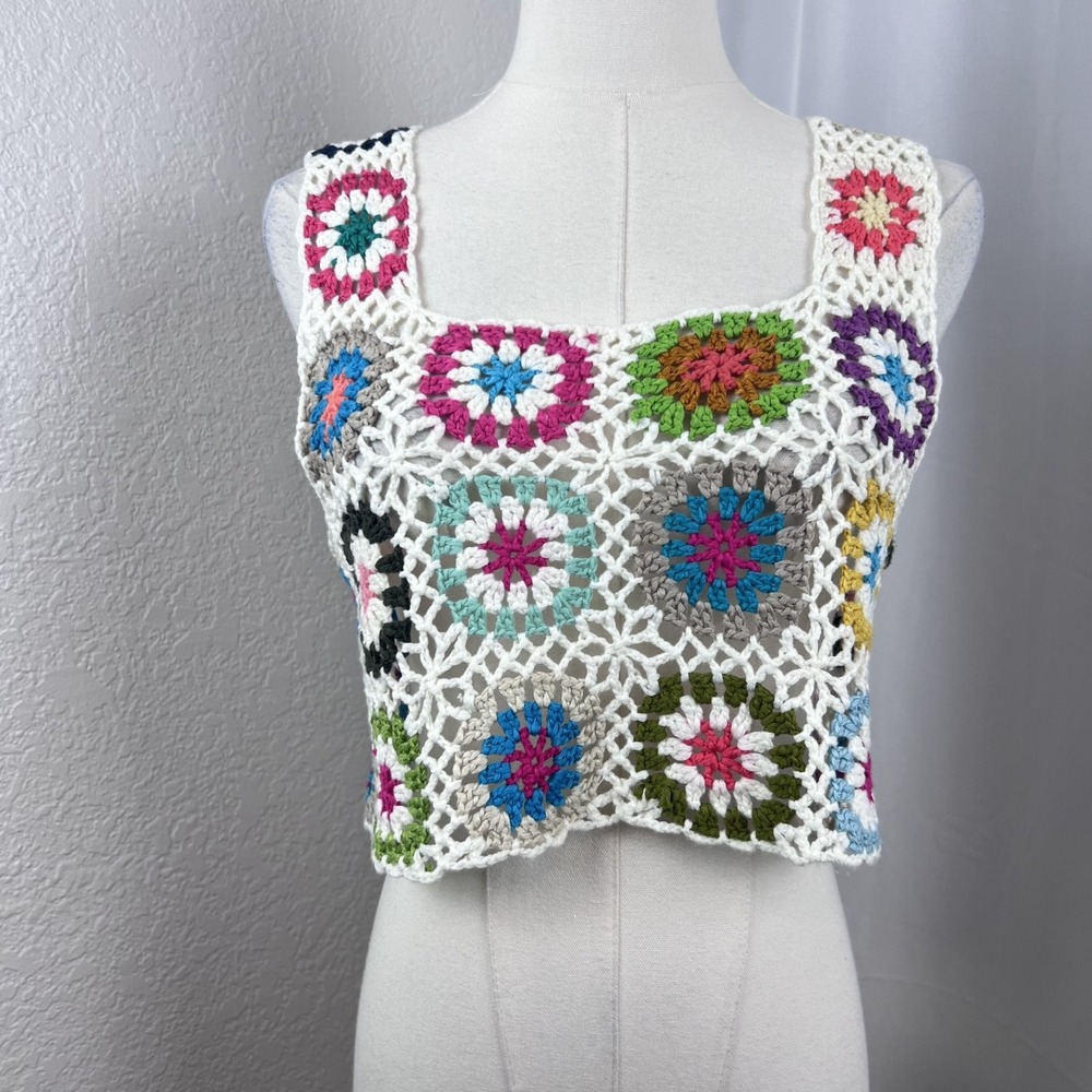 Y2K Granny Square Crochet Crop Top Womens OS‎ Multicolor Beach Festival Hippie